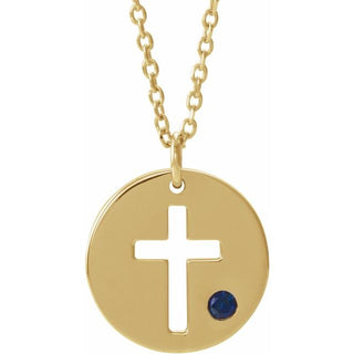 14K Yellow Natural Sapphire Pierced Cross Disc 16-18" Necklace
