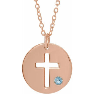 14K Rose Natural Aquamarine Pierced Cross Disc 16-18" Necklace
