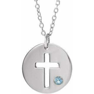 14K White Natural Aquamarine Pierced Cross Disc 16-18" Necklace