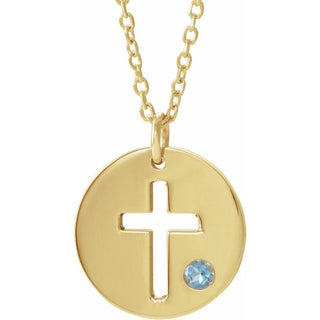 14K Yellow Natural Aquamarine Pierced Cross Disc 16-18" Necklace
