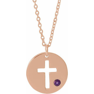 14K Rose Natural Amethyst Pierced Cross Disc 16-18" Necklace