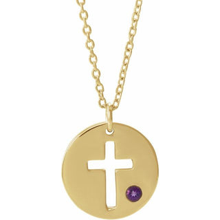 14K Yellow Natural Amethyst Pierced Cross Disc 16-18" Necklace