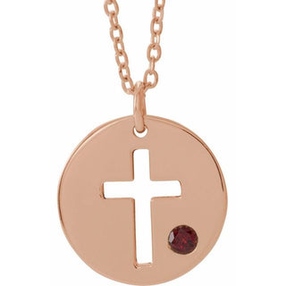 14K Rose Natural Garnet Pierced Cross Disc 16-18" Necklace