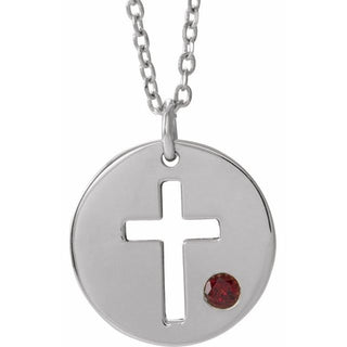 14K White Natural Garnet Pierced Cross Disc 16-18" Necklace