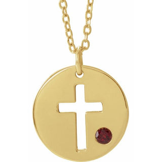 14K Yellow Natural Garnet Pierced Cross Disc 16-18" Necklace