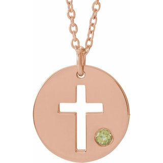 14K Rose Natural Peridot Pierced Cross Disc 16-18" Necklace
