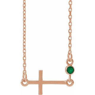 14K Rose Lab-Grown Emerald Sideways Cross 16-18" Necklace