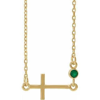 14K Yellow Lab-Grown Emerald Sideways Cross 16-18" Necklace