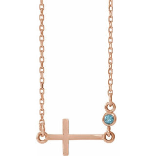 14K Rose Natural Aquamarine Sideways Cross 16-18" Necklace