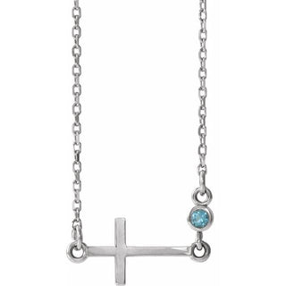 14K White Natural Aquamarine Sideways Cross 16-18" Necklace