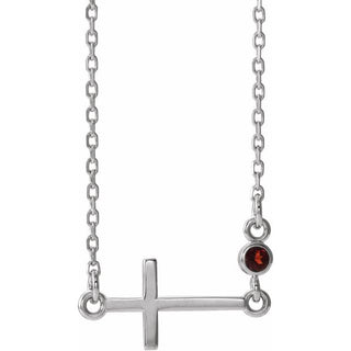 Sterling Silver Natural Mozambique Garnet Sideways Cross 16-18" Necklace