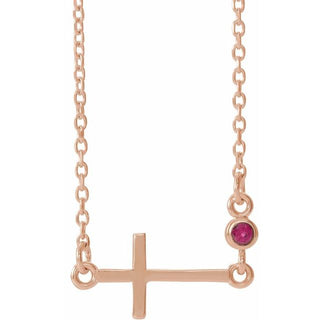 14K Rose Natural Ruby Sideways Cross 16-18" Necklace