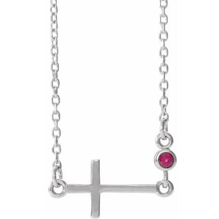 14K White Lab-Grown Ruby Sideways Cross 16-18" Necklace 