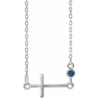 14K White Lab-Grown Blue Sapphire Sideways Cross 16-18" Necklace 