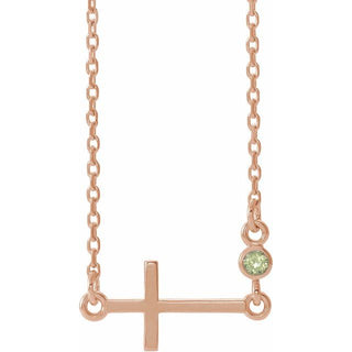 14K Rose Natural Peridot Sideways Cross 16-18" Necklace