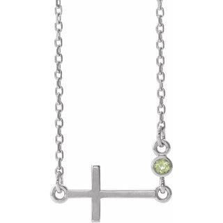 14K White Natural Peridot Sideways Cross 16-18" Necklace