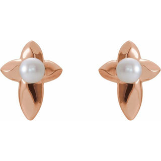 14K Rose Cultured White Freshwater Pearl Cross Earrings