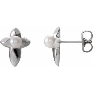 Sterling Silver Cultured White Freshwater Pearl Cross Earrings
