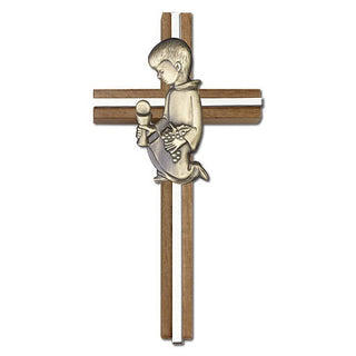 6 inch Communion Boy Cross, Walnut with Antique Gold inlay