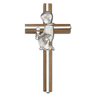 6 inch Communion Boy Cross, Walnut with Antique Silver inlay