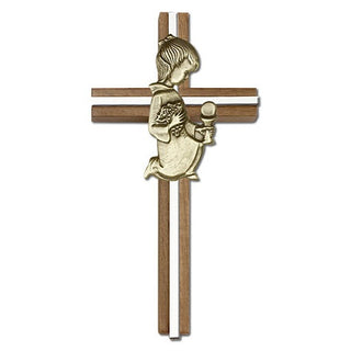 6 inch Communion Girl Cross, Walnut with Antique Gold inlay