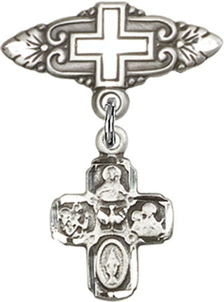 Sterling Silver Badge Pin With Cross 4-Way Baby Badge