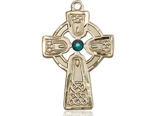 14kt Gold Celtic Cross with Emerald Stone Medal with a 3mm Emerald Swarovski stone
