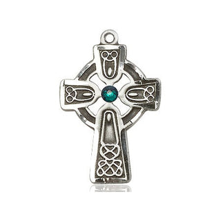 Sterling Silver Celtic Cross with Emerald Stone Pendant with a 3mm Emerald Swarovski stone on an 18-inch Sterling Silver Light Curb Chain