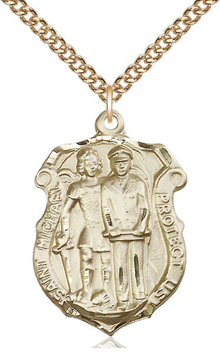 14kt Gold Saint Michael the Archangel Police Shield Medal Engraved Catholic Saint Jewelry