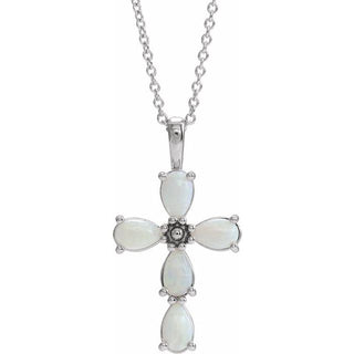 14K White Natural White Opal Cabochon Cross 16-18" Necklace