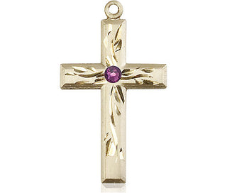 14kt Gold Filled Cross Pendant with a 3mm Amethyst Swarovski stone on an 18-inch Gold Filled Light Curb Chain