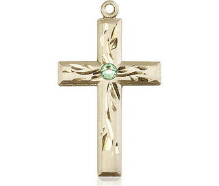 14kt Gold Filled Cross Pendant with a 3mm Peridot Swarovski stone on an 18-inch Gold Filled Light Curb Chain