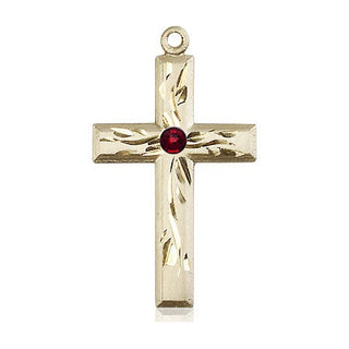 14kt Gold Cross Medal with a 3mm Garnet Swarovski stone