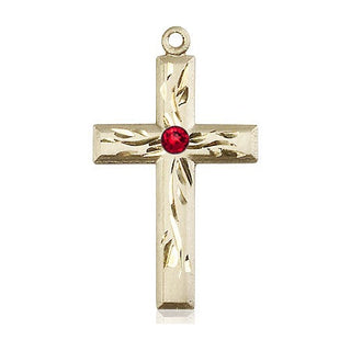 14kt Gold Cross Medal with a 3mm Ruby Swarovski stone