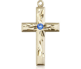 14kt Gold Cross Medal with a 3mm Sapphire Swarovski stone