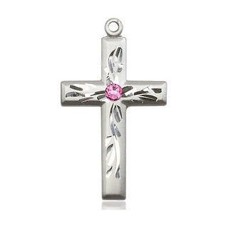Sterling Silver Cross Pendant with a 3mm Rose Swarovski stone on an 18-inch Sterling Silver Light Curb Chain