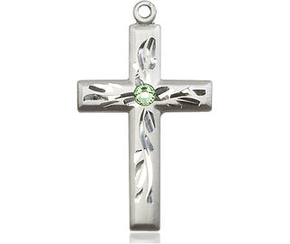 Sterling Silver Cross Pendant with a 3mm Peridot Swarovski stone on an 18-inch Sterling Silver Light Curb Chain