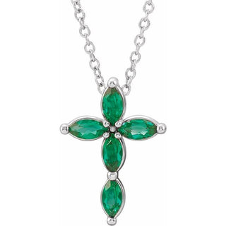 14K White Lab-Grown Emerald Cross 16-18" Necklace
