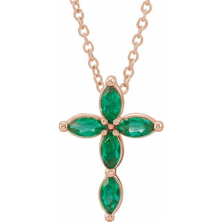 14K Rose Natural Emerald Cross 16-18" Necklace