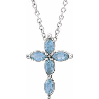 14K White Natural Aquamarine Cross 16-18" Necklace