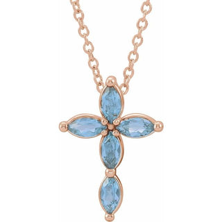 14K Rose Natural Aquamarine Cross 16-18" Necklace