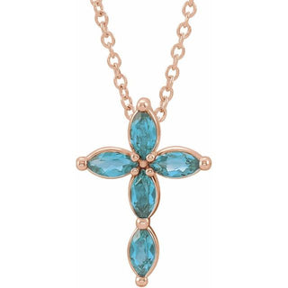 14K Rose Natural Blue Zircon Cross 16-18" Necklace