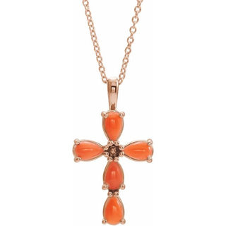 14K Rose Natural Pink Coral Cabochon Cross 16-18" Necklace