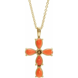 14K Yellow Natural Pink Coral Cabochon Cross 16-18" Necklace