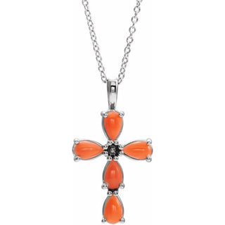 14K White Natural Pink Coral Cabochon Cross 16-18" Necklace