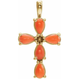 14K Yellow Natural Pink Coral Cabochon Cross Pendant