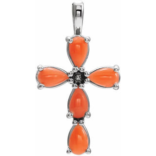 Sterling Silver Natural Pink Coral Cabochon Cross Pendant