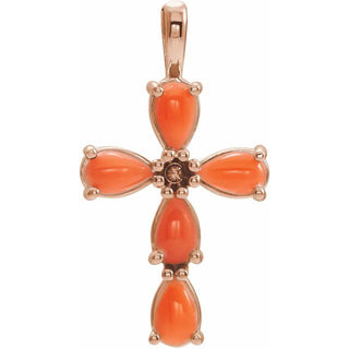 14K Rose Natural Pink Coral Cabochon Cross Pendant
