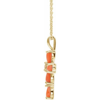 14K Yellow Natural Pink Coral Cabochon Cross 16-18" Necklace