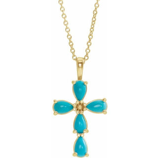 14K Yellow Natural Turquoise Cabochon Cross 16-18" Necklace